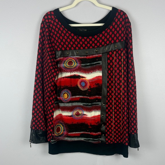 Goa Chic Artsy Red Black Faux Leather Polka Dot Embroidered Detail XL Sweater - Picture 2 of 12